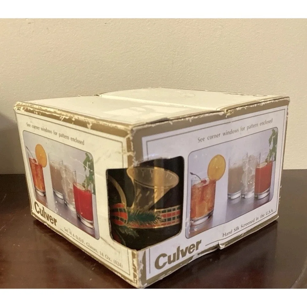 Set Of 4 Vintage‎ MCM Culver Glasses 22k Gold Christmas Yule Horn With Box